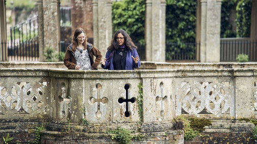 Heather and Omniya on the bridge over the dry moat at Blickling Estate 2024